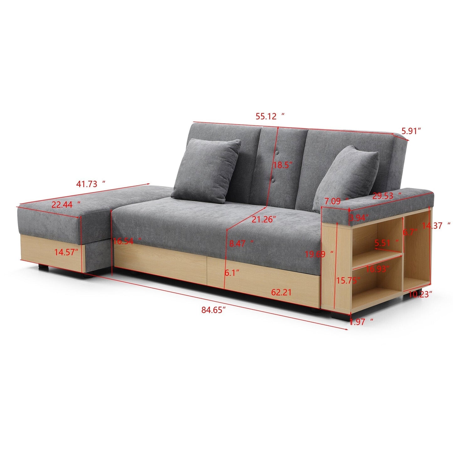 Grey 84.65 Cotton Linen Convertible 3-seater Sleeper Sofa Bed with Storage Ottoman, Drop Down Table, 2 Drawers