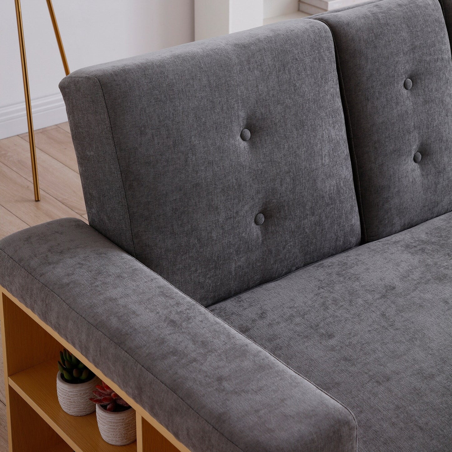 Grey 84.65 Cotton Linen Convertible 3-seater Sleeper Sofa Bed with Storage Ottoman, Drop Down Table, 2 Drawers