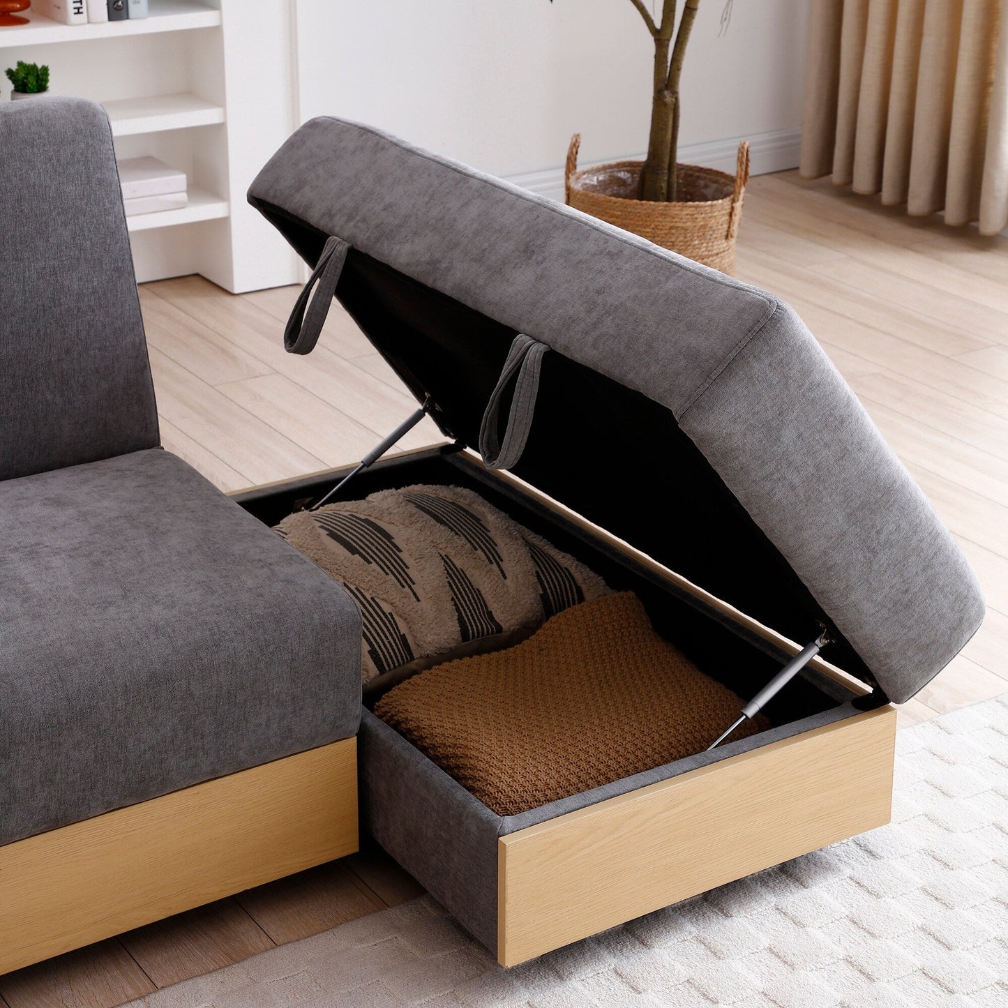 Grey 84.65 Cotton Linen Convertible 3-seater Sleeper Sofa Bed with Storage Ottoman, Drop Down Table, 2 Drawers