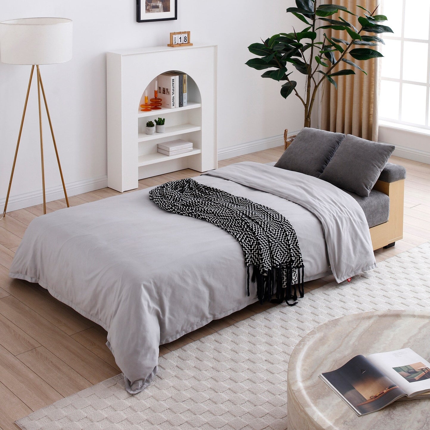 Grey 84.65 Cotton Linen Convertible 3-seater Sleeper Sofa Bed with Storage Ottoman, Drop Down Table, 2 Drawers