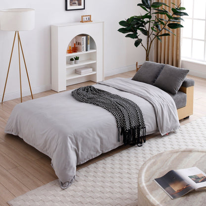 Grey 84.65 Cotton Linen Convertible 3-seater Sleeper Sofa Bed with Storage Ottoman, Drop Down Table, 2 Drawers