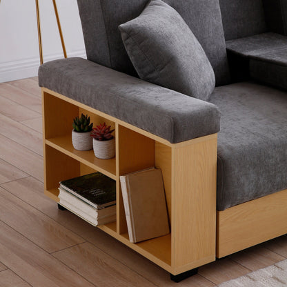 Grey 84.65 Cotton Linen Convertible 3-seater Sleeper Sofa Bed with Storage Ottoman, Drop Down Table, 2 Drawers