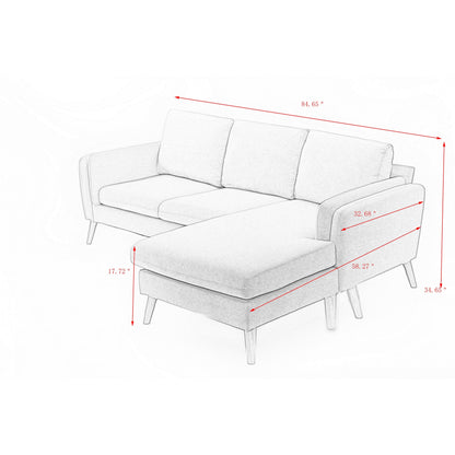 Grey 84.6 L-Shaped 3-Seater Fabric Sofa with Reversible Chaise, Spring Cushions, and Solid Wood Legs