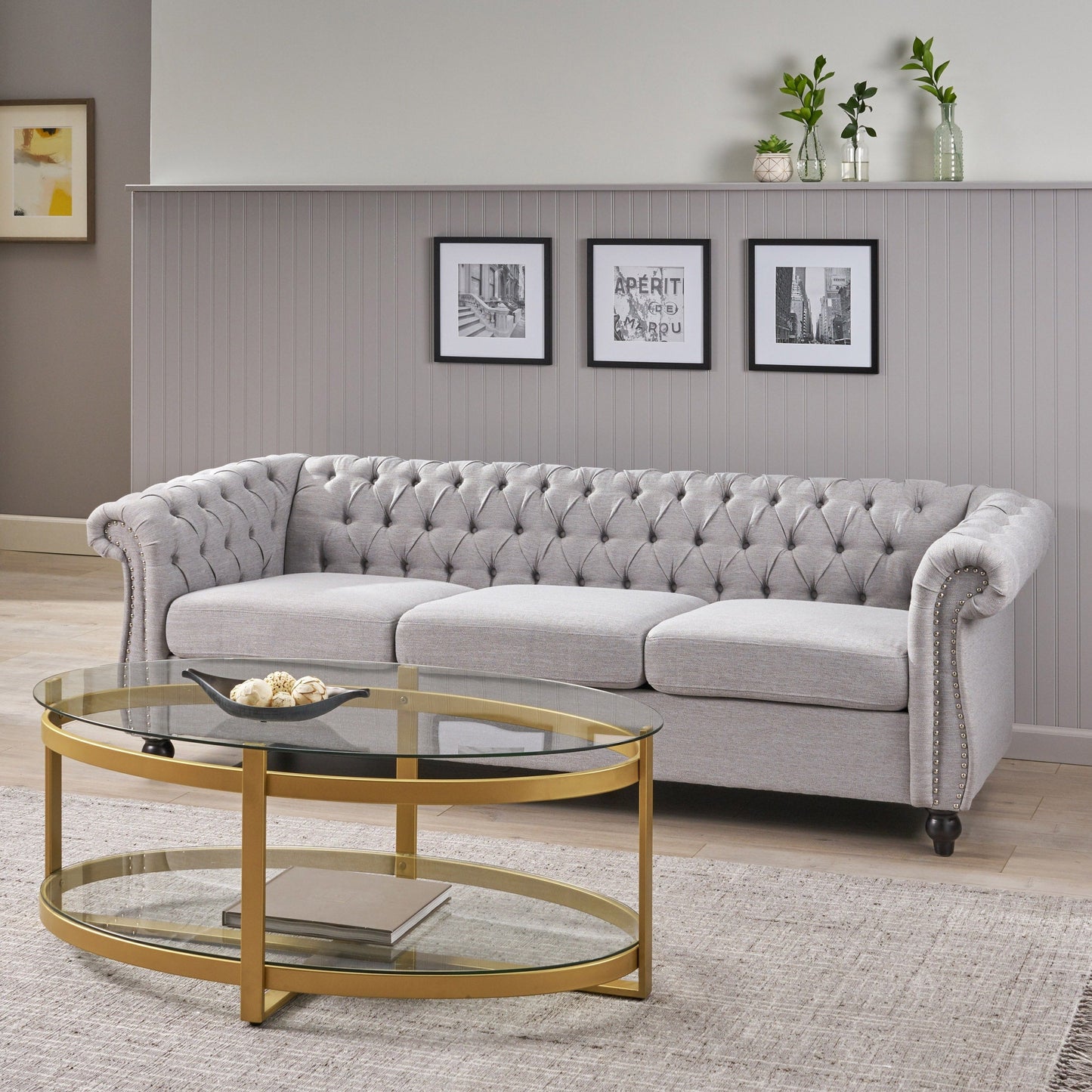 Grey 84.75 Chesterfield Button Tufted 3-Seater Sofa with Nailheads and Legs