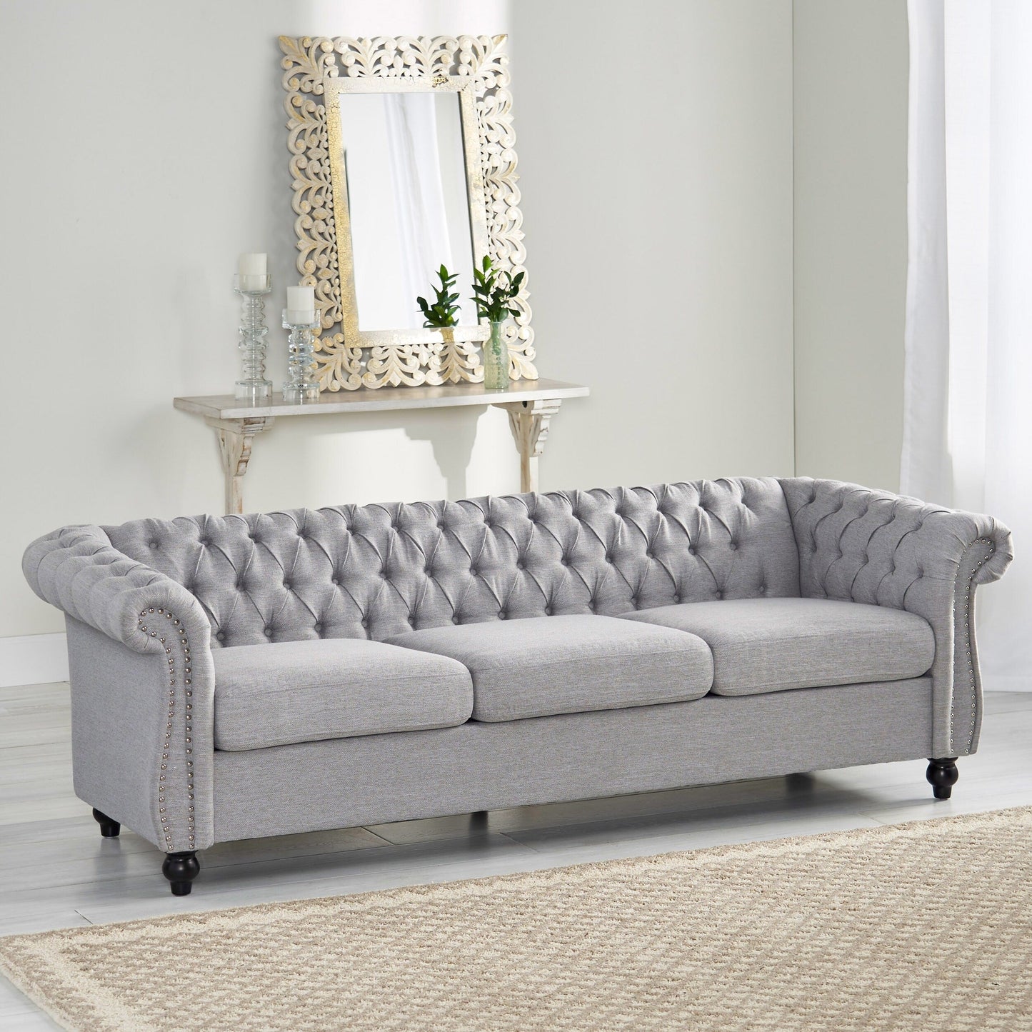 Grey 84.75 Chesterfield Button Tufted 3-Seater Sofa with Nailheads and Legs