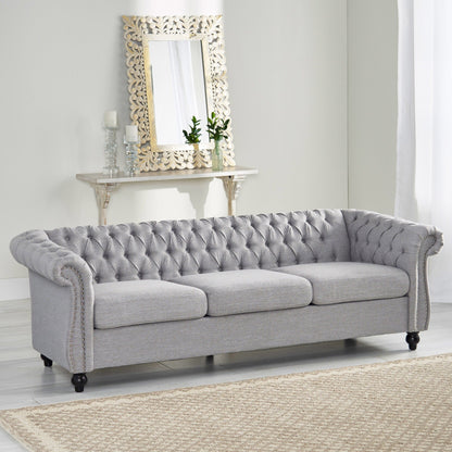 Grey 84.75 Chesterfield Button Tufted 3-Seater Sofa with Nailheads and Legs