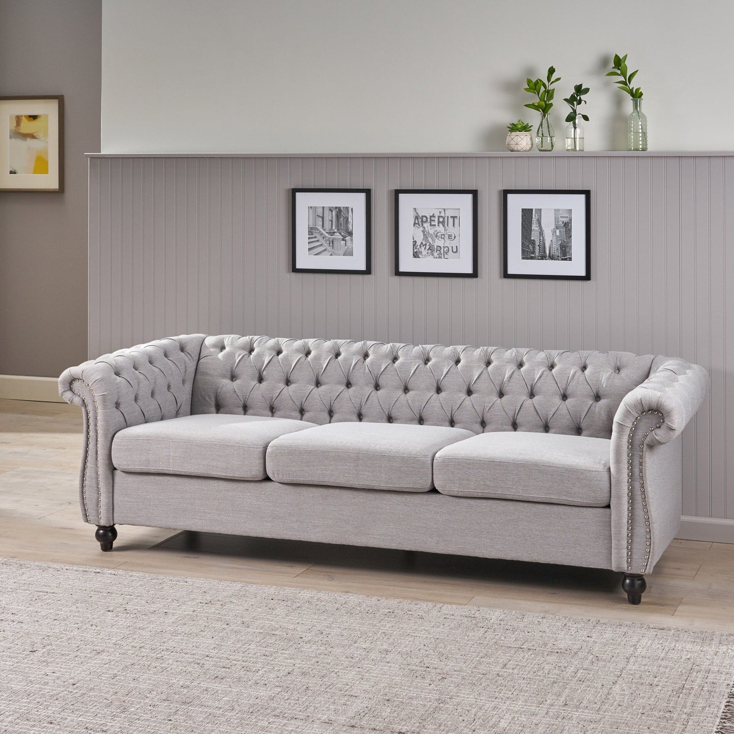 Grey 84.75 Chesterfield Button Tufted 3-Seater Sofa with Nailheads and Legs