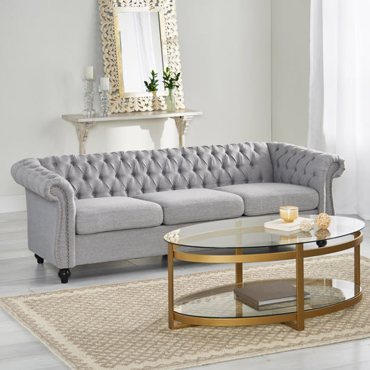 Grey 84.75 Chesterfield Button Tufted 3-Seater Sofa with Nailheads and Legs