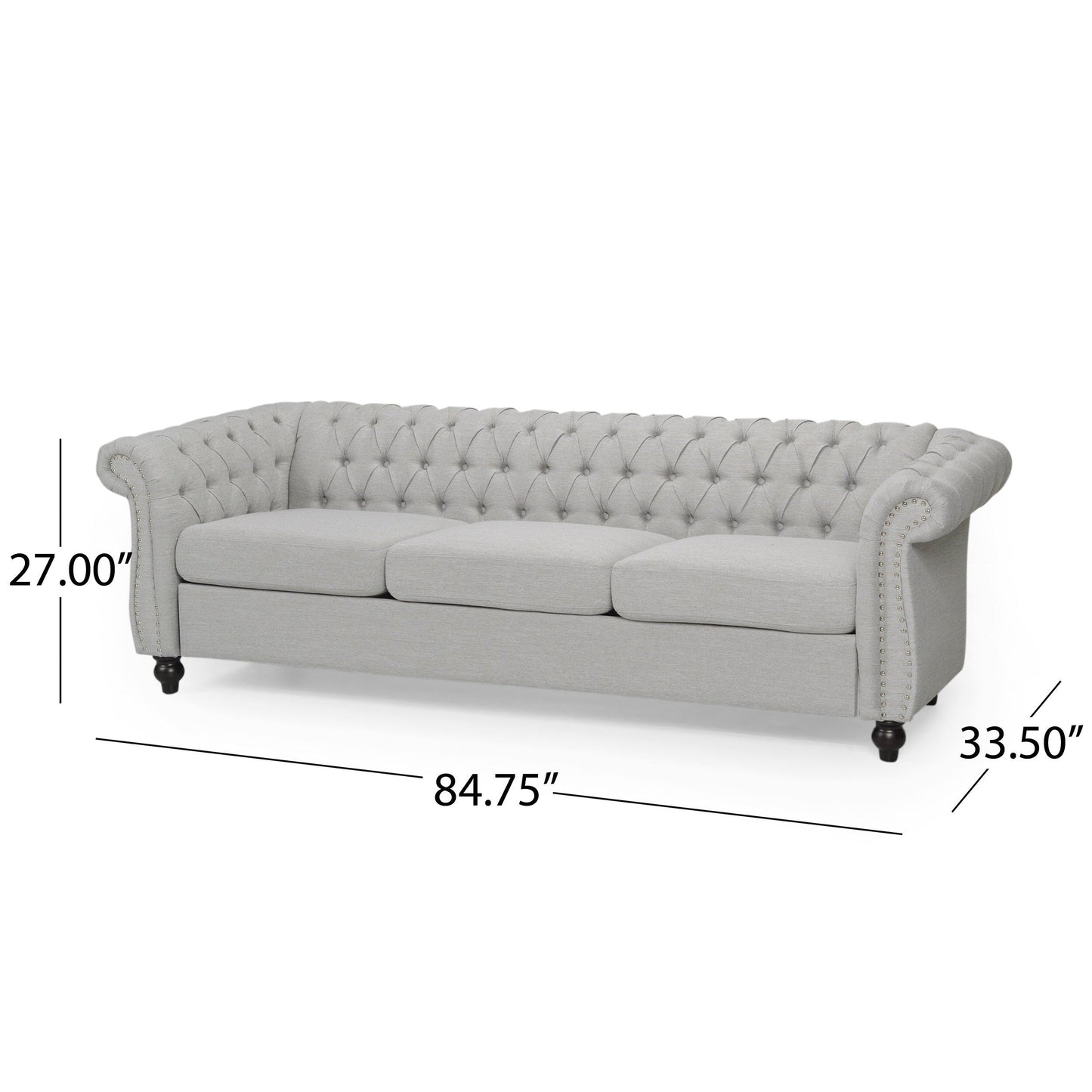Grey 84.75 Chesterfield Button Tufted 3-Seater Sofa with Nailheads and Legs