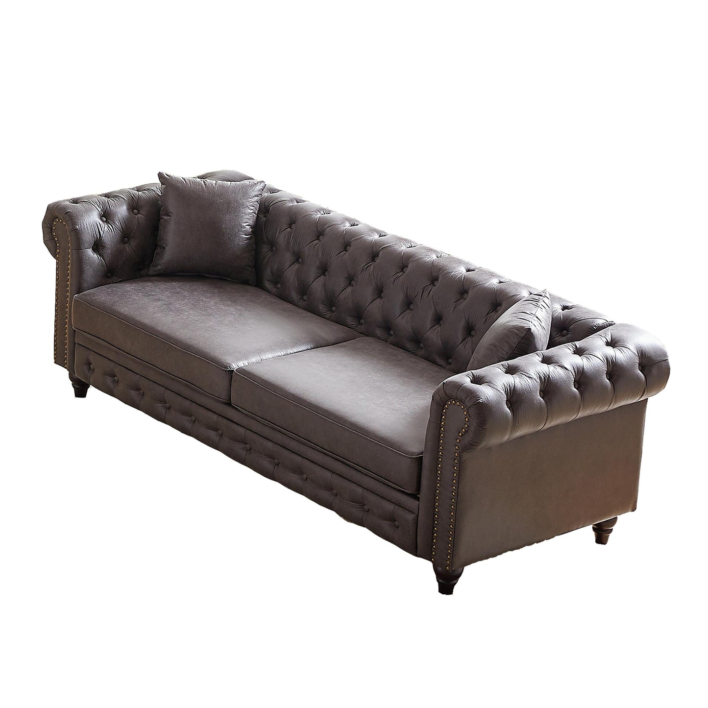 Grey 85.5 Tech Fabric 3-seater Rolled Arms Chesterfield Button Sofa with 2 Cushions for Living Room