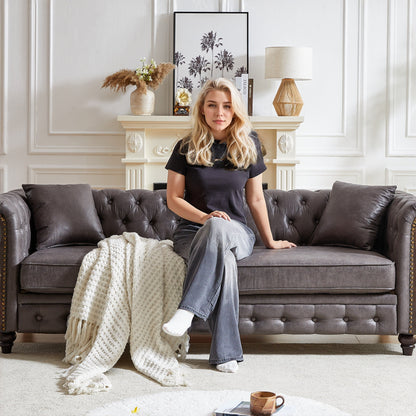 Grey 85.5 Tech Fabric 3-seater Rolled Arms Chesterfield Button Sofa with 2 Cushions for Living Room