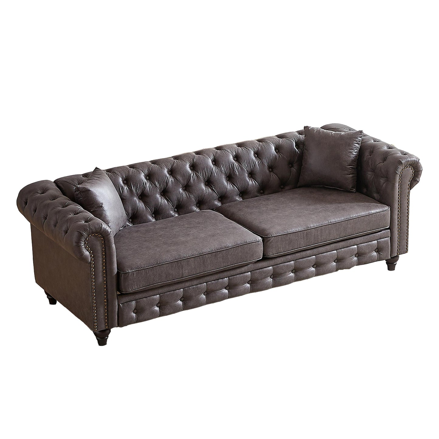 Grey 85.5 Tech Fabric 3-seater Rolled Arms Chesterfield Button Sofa with 2 Cushions for Living Room