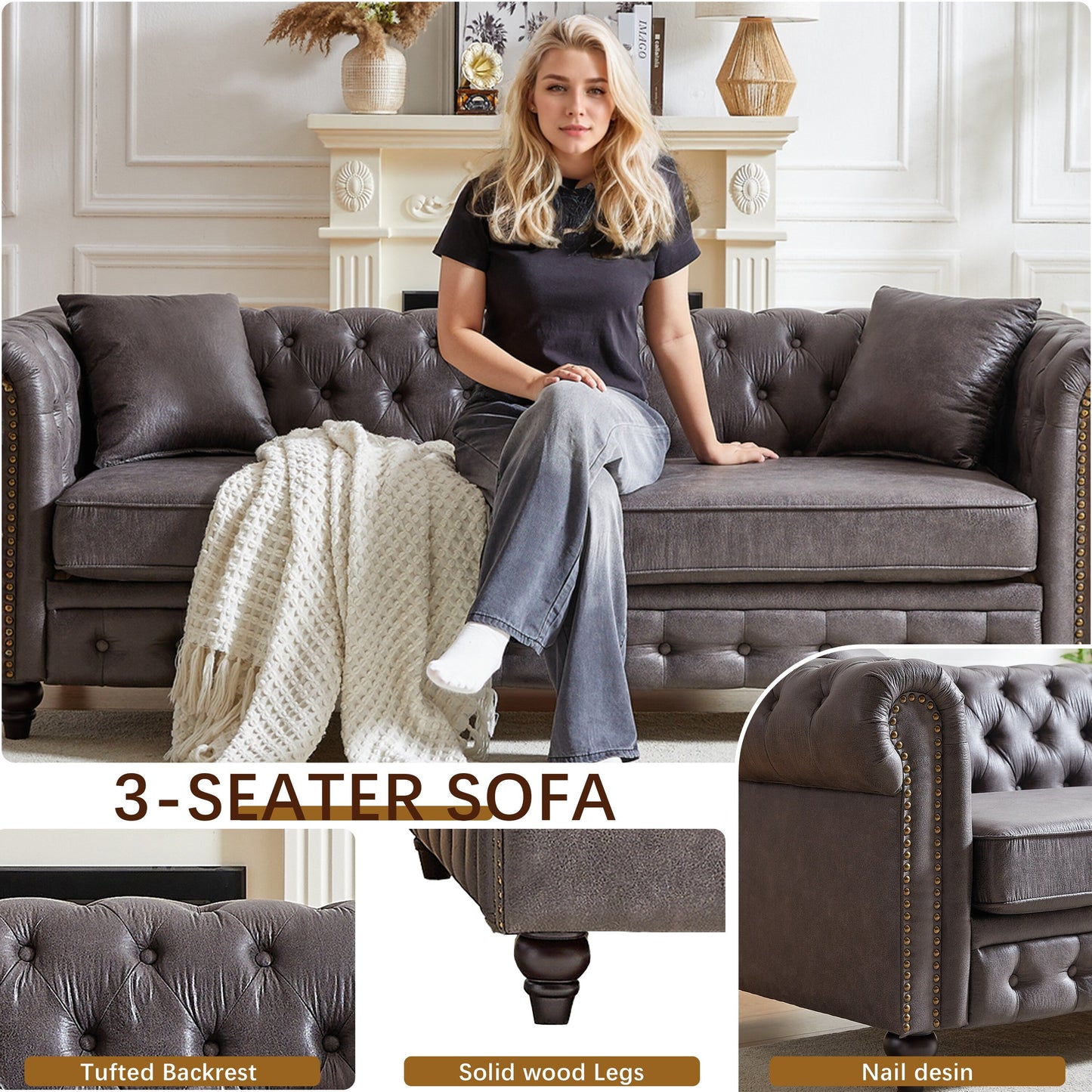 Grey 85.5 Tech Fabric 3-seater Rolled Arms Chesterfield Button Sofa with 2 Cushions for Living Room