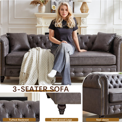 Grey 85.5 Tech Fabric 3-seater Rolled Arms Chesterfield Button Sofa with 2 Cushions for Living Room