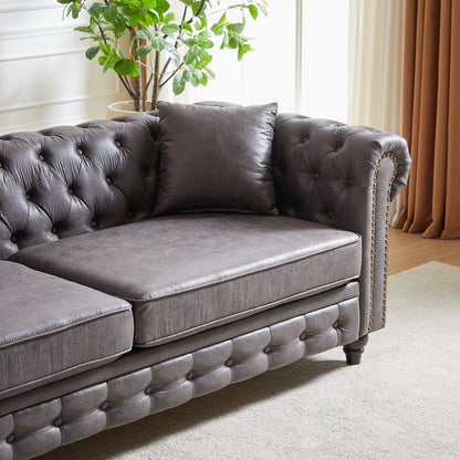 Grey 85.5 Tech Fabric 3-seater Rolled Arms Chesterfield Button Sofa with 2 Cushions for Living Room