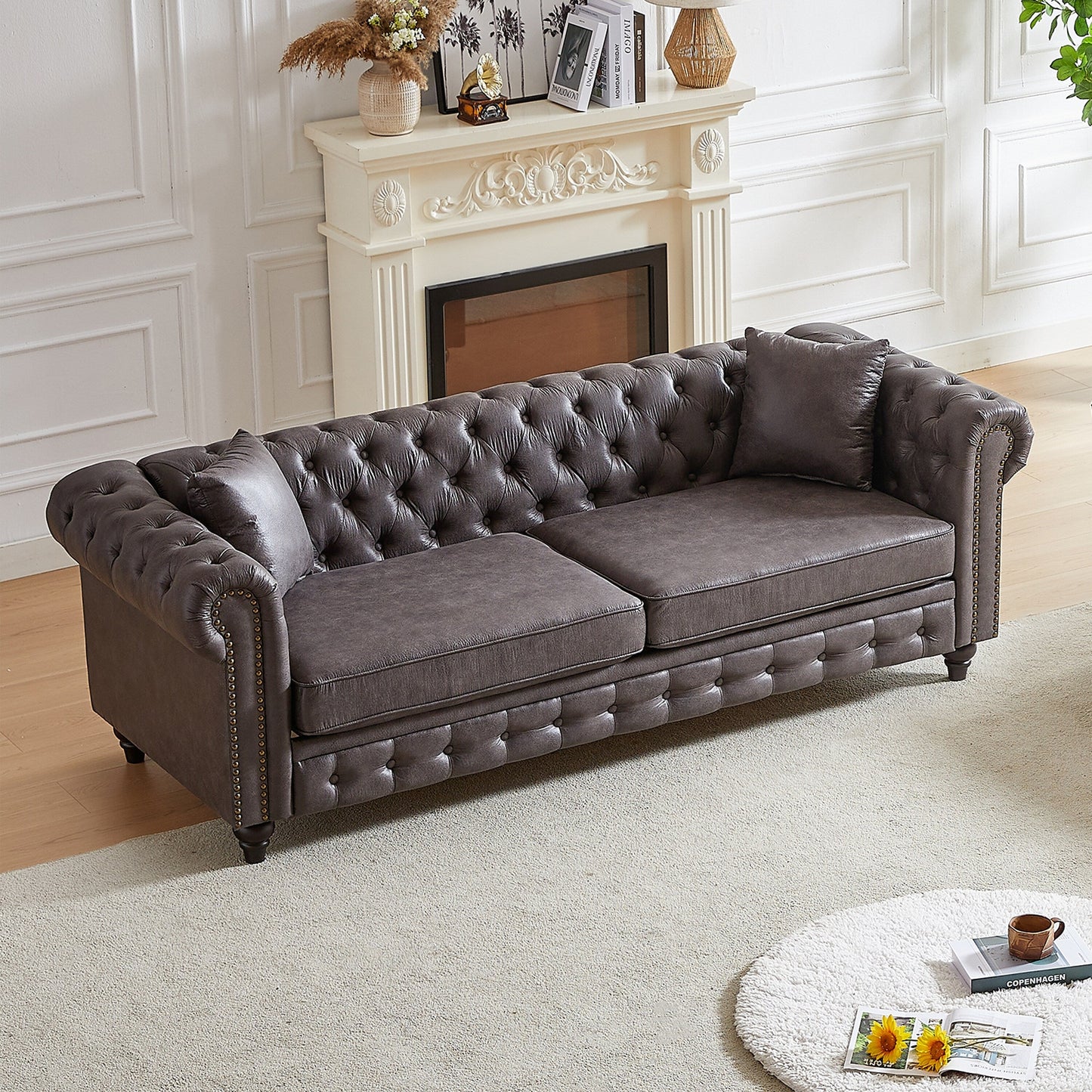 Grey 85.5 Tech Fabric 3-seater Rolled Arms Chesterfield Button Sofa with 2 Cushions for Living Room
