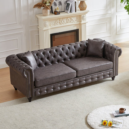Grey 85.5 Tech Fabric 3-seater Rolled Arms Chesterfield Button Sofa with 2 Cushions for Living Room