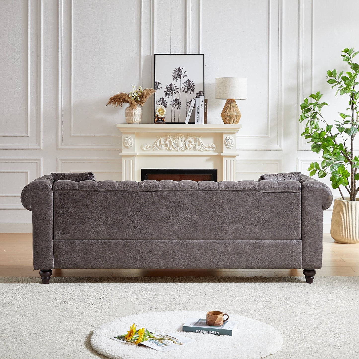 Grey 85.5 Tech Fabric 3-seater Rolled Arms Chesterfield Button Sofa with 2 Cushions for Living Room