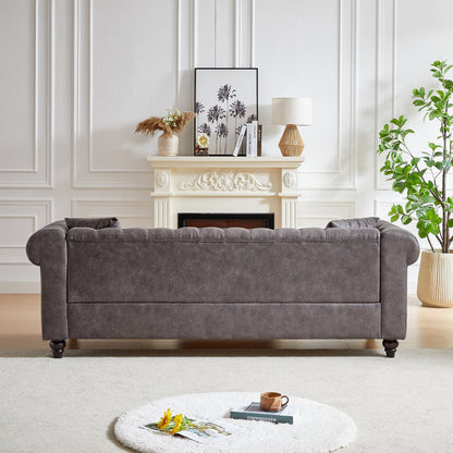 Grey 85.5 Tech Fabric 3-seater Rolled Arms Chesterfield Button Sofa with 2 Cushions for Living Room