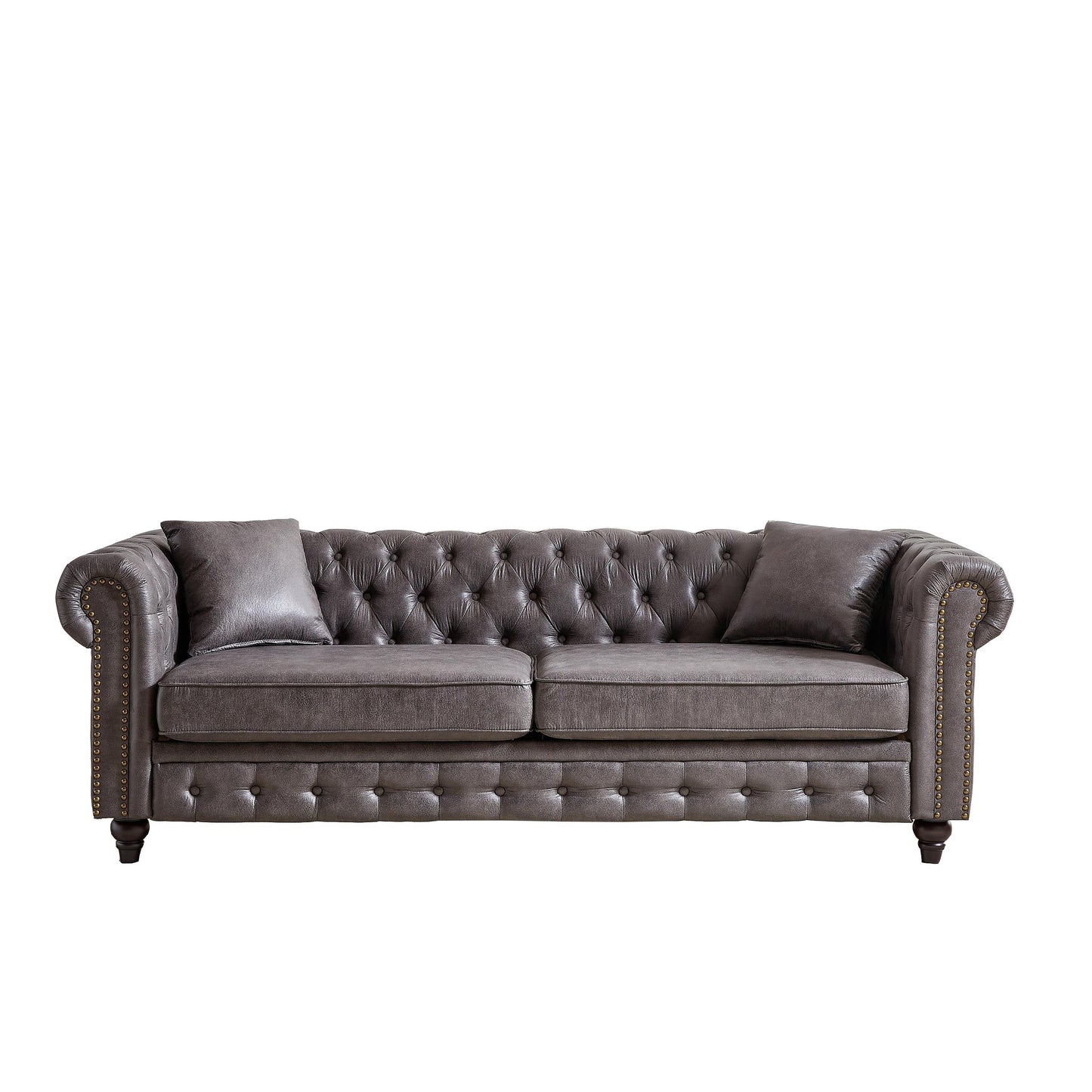 Grey 85.5 Tech Fabric 3-seater Rolled Arms Chesterfield Button Sofa with 2 Cushions for Living Room