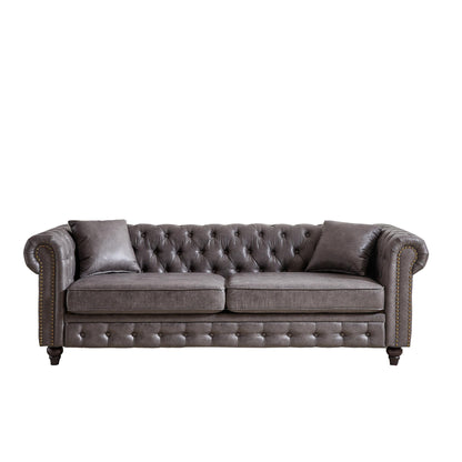 Grey 85.5 Tech Fabric 3-seater Rolled Arms Chesterfield Button Sofa with 2 Cushions for Living Room