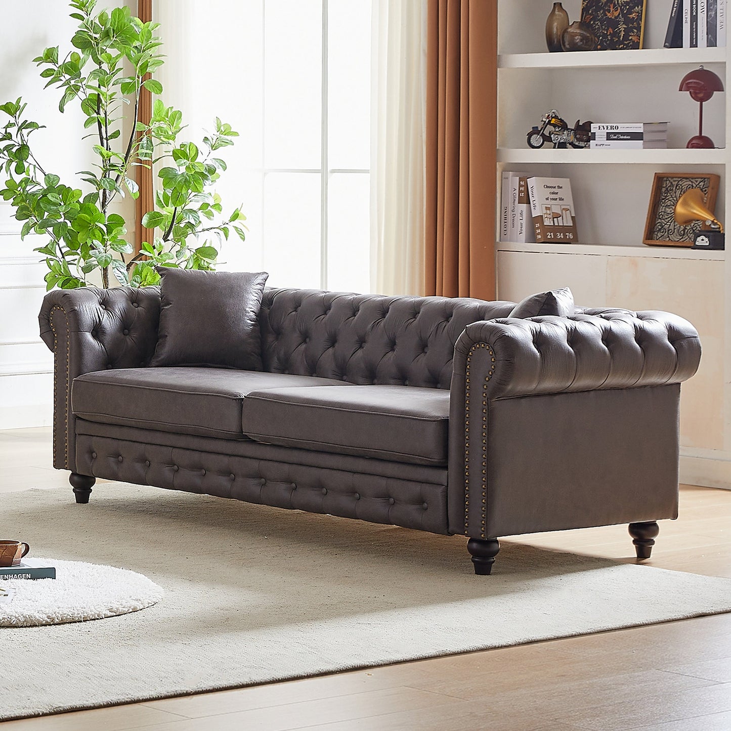 Grey 85.5 Tech Fabric 3-seater Rolled Arms Chesterfield Button Sofa with 2 Cushions for Living Room