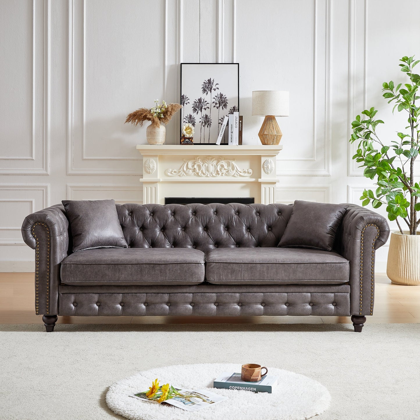 Grey 85.5 Tech Fabric 3-seater Rolled Arms Chesterfield Button Sofa with 2 Cushions for Living Room