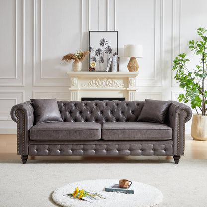 Grey 85.5 Tech Fabric 3-seater Rolled Arms Chesterfield Button Sofa with 2 Cushions for Living Room