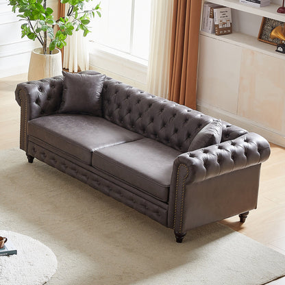 Grey 85.5 Tech Fabric 3-seater Rolled Arms Chesterfield Button Sofa with 2 Cushions for Living Room