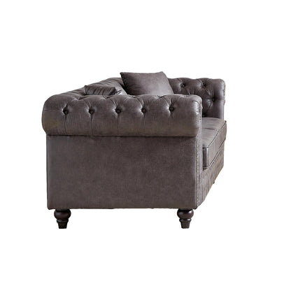 Grey 85.5 Tech Fabric 3-seater Rolled Arms Chesterfield Button Sofa with 2 Cushions for Living Room