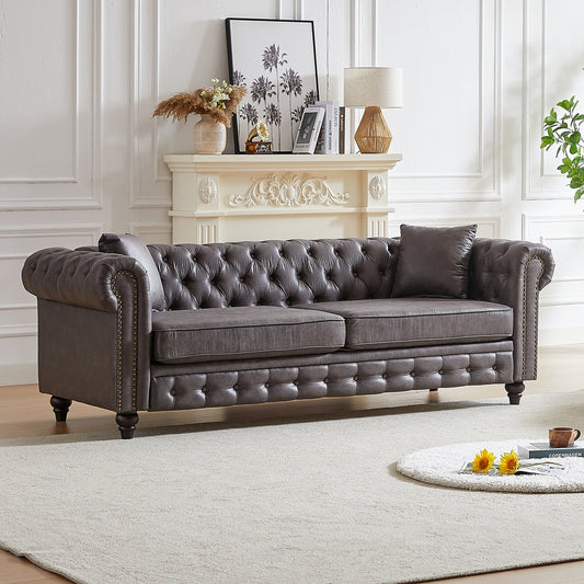 Grey 85.5 Tech Fabric 3-seater Rolled Arms Chesterfield Button Sofa with 2 Cushions for Living Room