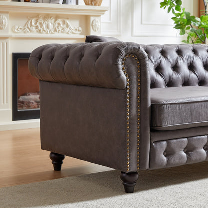 Grey 85.5 Tech Fabric 3-seater Rolled Arms Chesterfield Button Sofa with 2 Cushions for Living Room