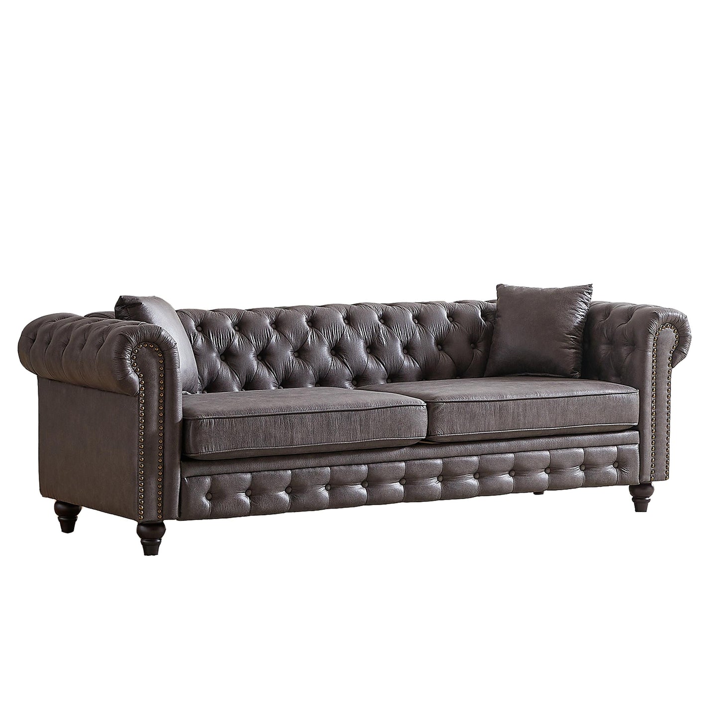 Grey 85.5 Tech Fabric 3-seater Rolled Arms Chesterfield Button Sofa with 2 Cushions for Living Room
