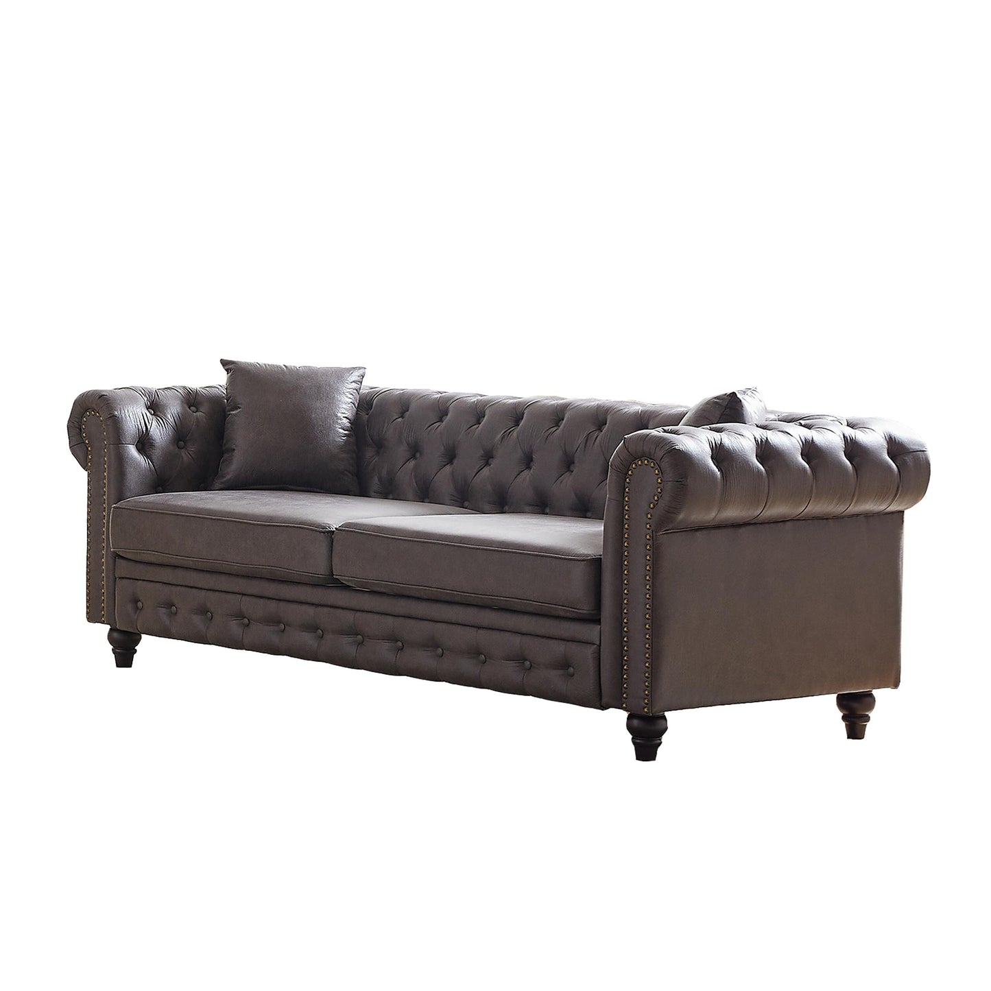 Grey 85.5 Tech Fabric 3-seater Rolled Arms Chesterfield Button Sofa with 2 Cushions for Living Room
