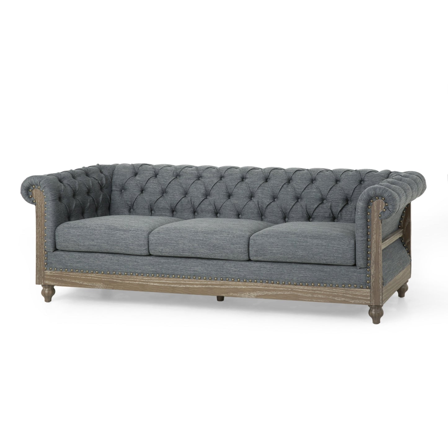 Grey 85.5'' Polyester Sofa with Tufted Backrest and Wooden Legs