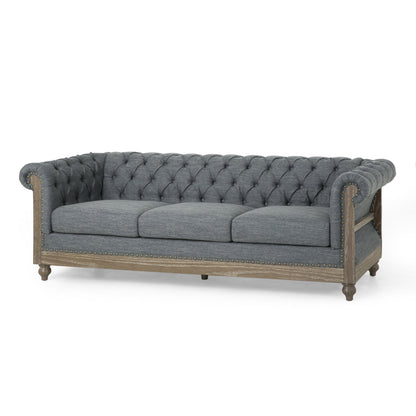Grey 85.5'' Polyester Sofa with Tufted Backrest and Wooden Legs