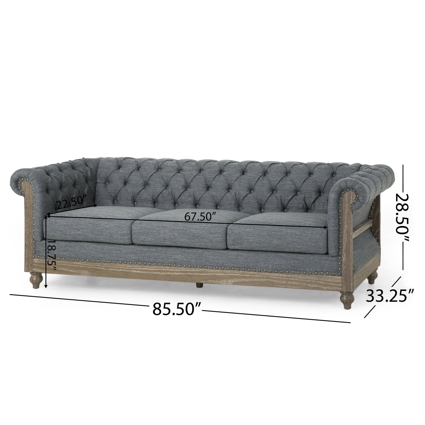 Grey 85.5'' Polyester Sofa with Tufted Backrest and Wooden Legs