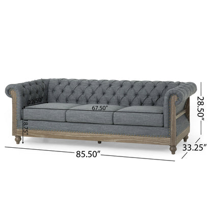 Grey 85.5'' Polyester Sofa with Tufted Backrest and Wooden Legs