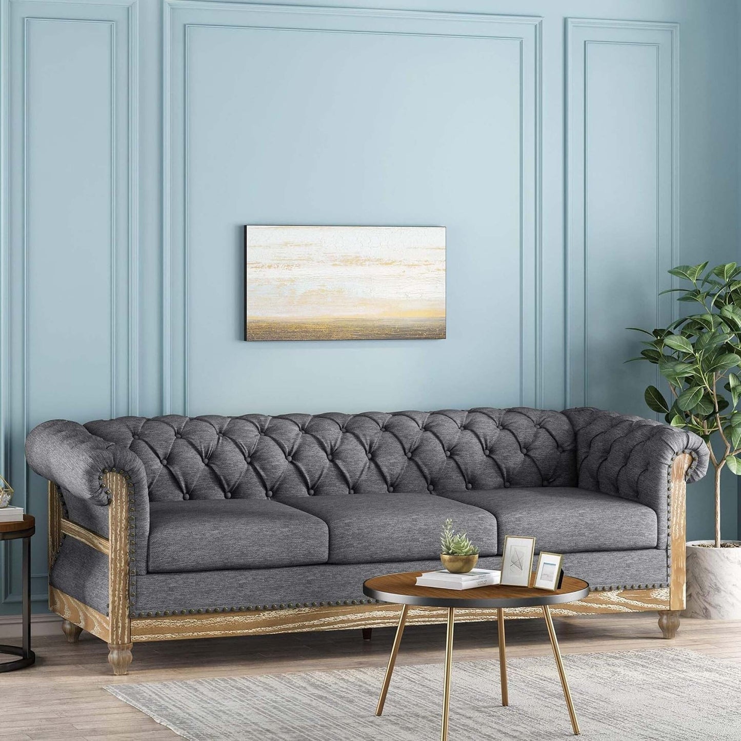 Grey 85.5'' Polyester Sofa with Tufted Backrest and Wooden Legs