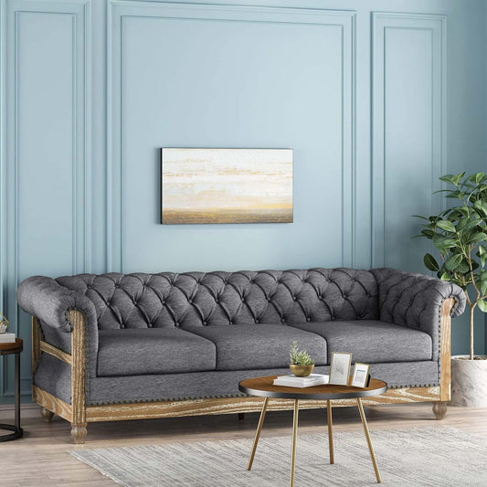 Grey 85.5'' Polyester Sofa with Tufted Backrest and Wooden Legs