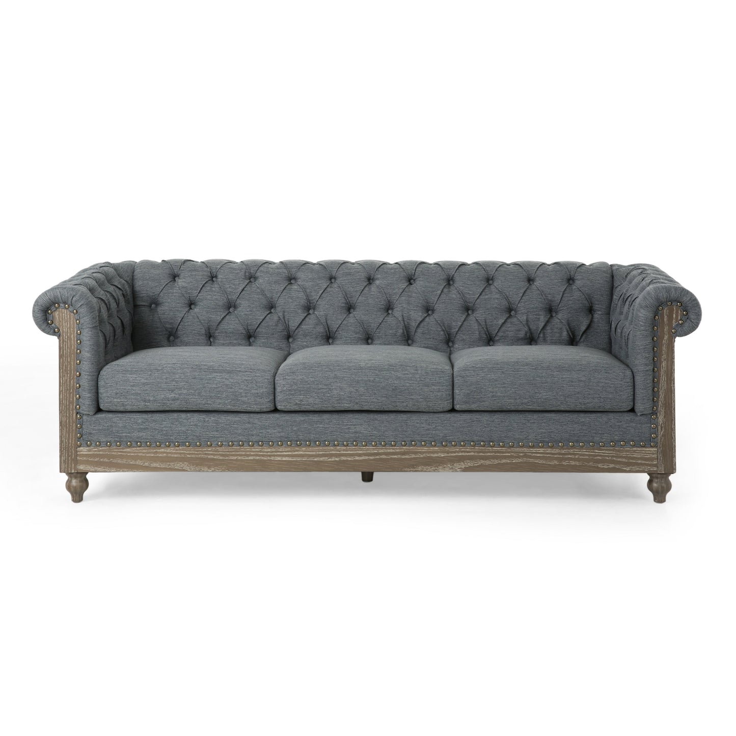 Grey 85.5'' Polyester Sofa with Tufted Backrest and Wooden Legs