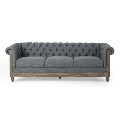Grey 85.5'' Polyester Sofa with Tufted Backrest and Wooden Legs