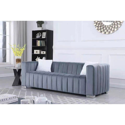 Grey 85.76'' Modern Velvet 3-Seater Chesterfield Sofa with Channel Tufting, 2 Pillows, and Plush Foam Cushions