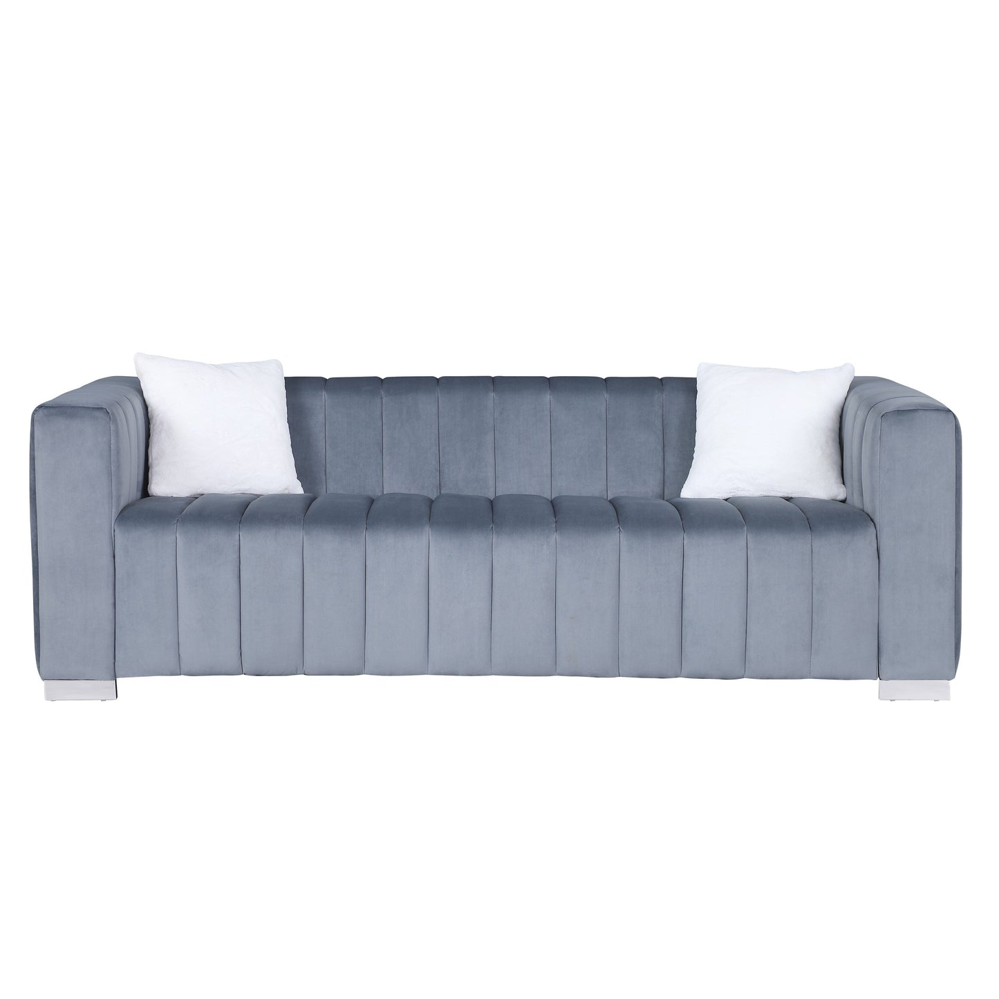 Grey 85.76'' Modern Velvet 3-Seater Chesterfield Sofa with Channel Tufting, 2 Pillows, and Plush Foam Cushions