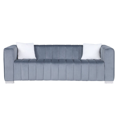 Grey 85.76'' Modern Velvet 3-Seater Chesterfield Sofa with Channel Tufting, 2 Pillows, and Plush Foam Cushions