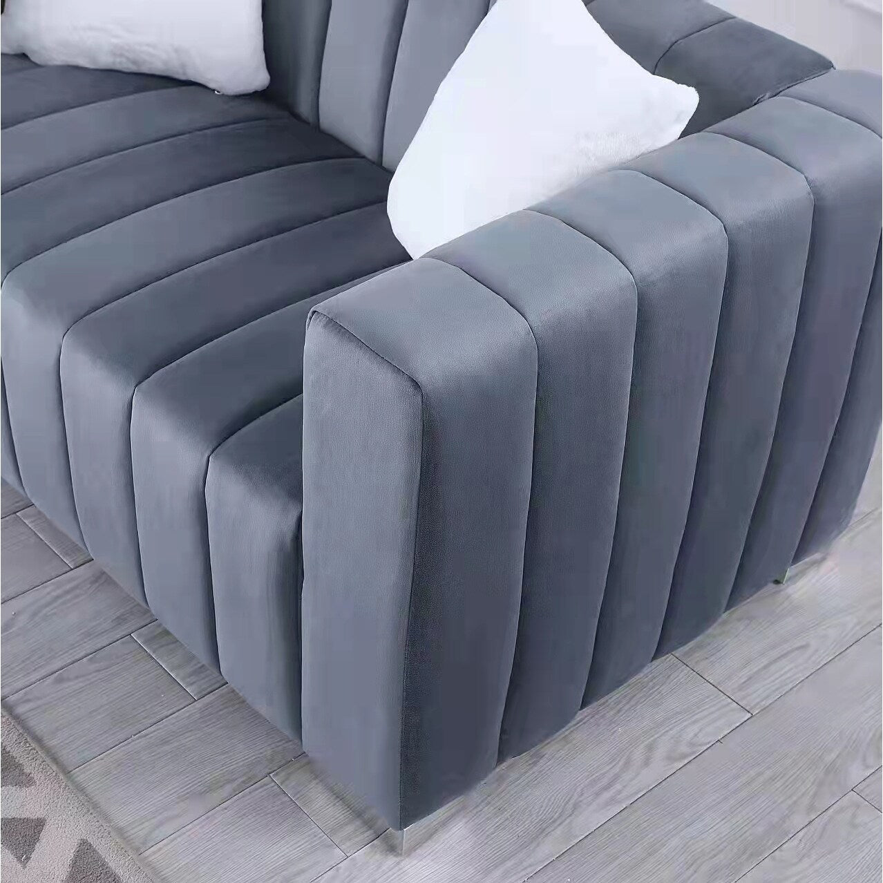Grey 85.76'' Modern Velvet 3-Seater Chesterfield Sofa with Channel Tufting, 2 Pillows, and Plush Foam Cushions