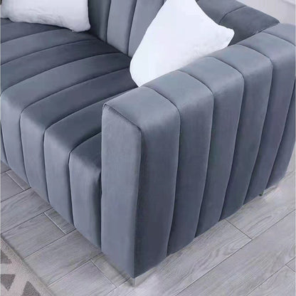 Grey 85.76'' Modern Velvet 3-Seater Chesterfield Sofa with Channel Tufting, 2 Pillows, and Plush Foam Cushions
