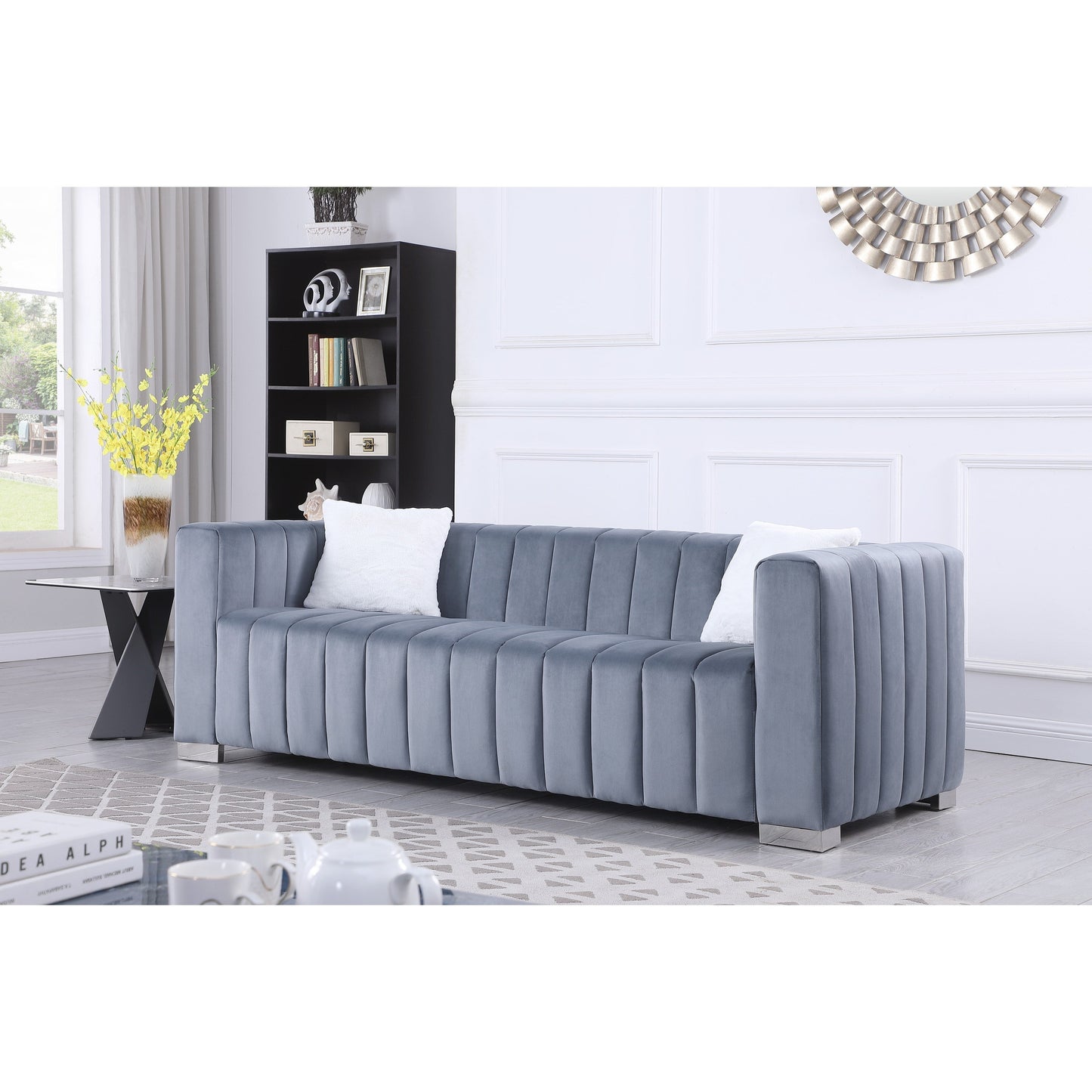 Grey 85.76'' Modern Velvet 3-Seater Chesterfield Sofa with Channel Tufting, 2 Pillows, and Plush Foam Cushions