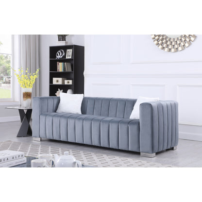 Grey 85.76'' Modern Velvet 3-Seater Chesterfield Sofa with Channel Tufting, 2 Pillows, and Plush Foam Cushions