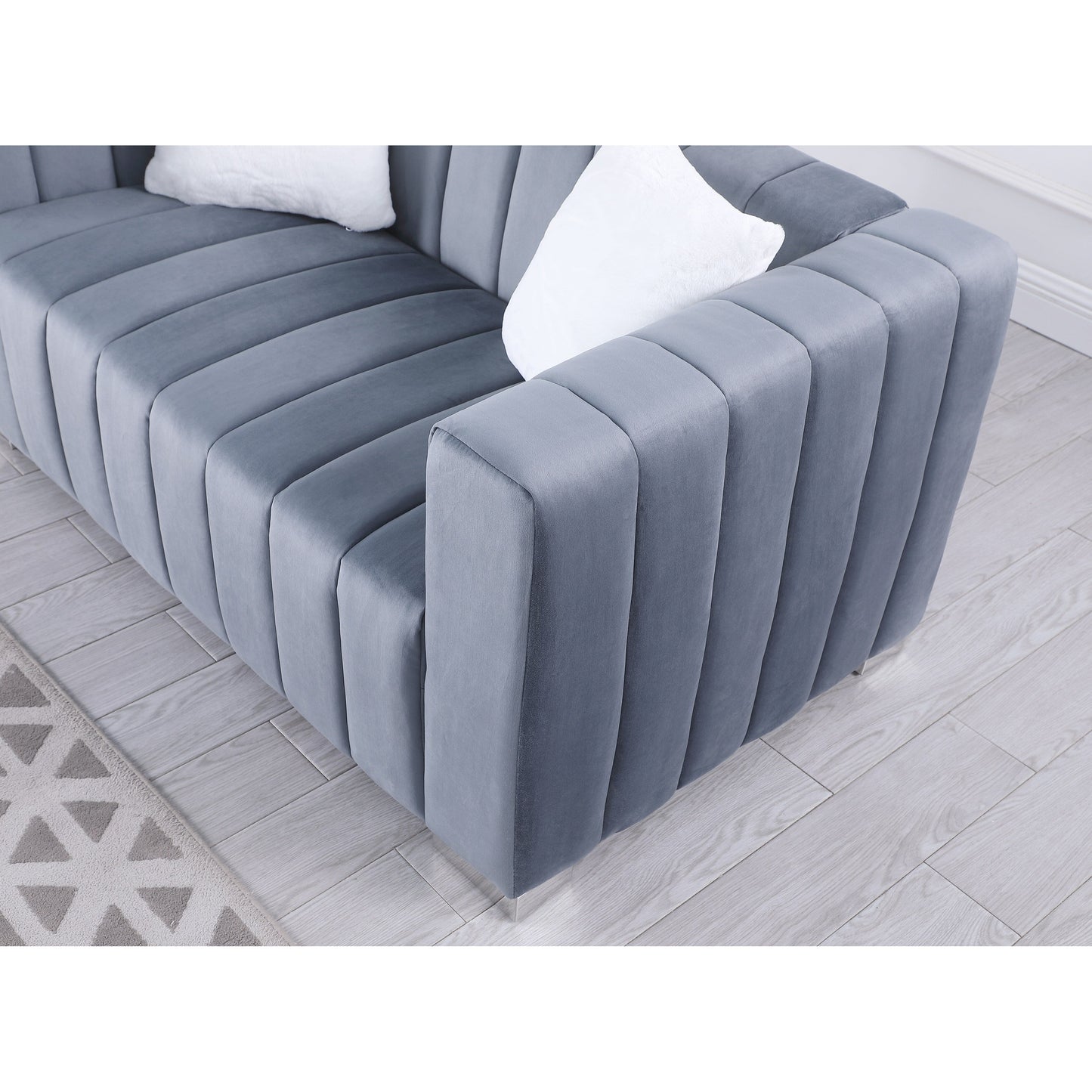 Grey 85.76'' Modern Velvet 3-Seater Chesterfield Sofa with Channel Tufting, 2 Pillows, and Plush Foam Cushions